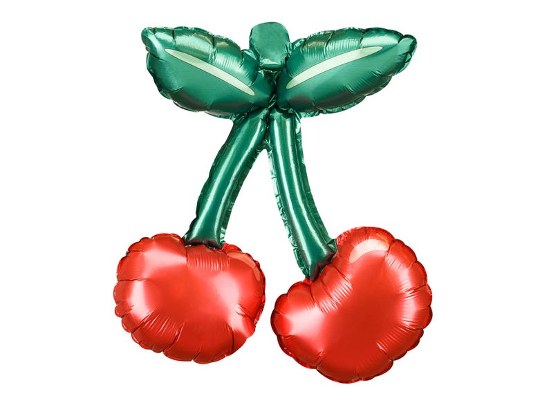 K&ouml;nnte beinhalten: Ein roter, kirschf&ouml;rmiger Ballon mit gr&uuml;nen Stielen und Bl&auml;ttern. Der Ballon hat eine gl&auml;nzende, metallische Oberfl&auml;che. Die Bl&auml;tter haben wei&szlig;e Akzente. Perfekt f&uuml;r eine Party.