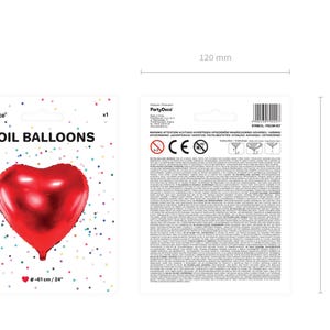 Red heart foil balloon 24 inch (61 cm) – retail packaging front and back with dimensions 120 x 155 mm, PartyDeco helium balloon for party or gift decoration