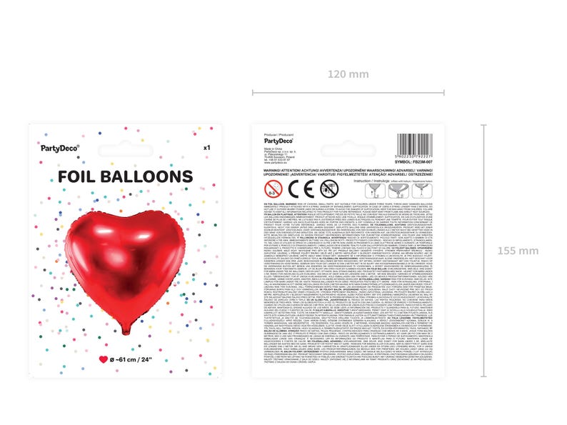 Red heart foil balloon 24 inch (61 cm) – retail packaging front and back with dimensions 120 x 155 mm, PartyDeco helium balloon for party or gift decoration