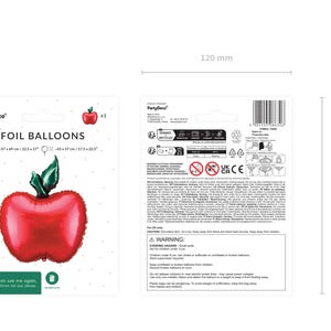 Red apple foil balloon packaging with size guide, inflated dimensions 17.5 x 22.5 inches, suitable for air or helium inflation