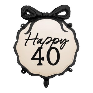 A round, cream-colored balloon with a black scalloped edge and a large black bow at the top. The balloon features the text "Happy 40" in elegant black script and bold font, celebrating a 40th birthday or anniversary.