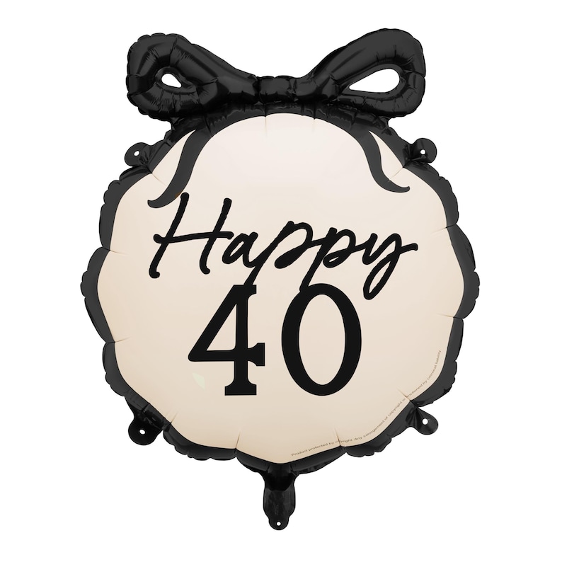 A round, cream-colored balloon with a black scalloped edge and a large black bow at the top. The balloon features the text "Happy 40" in elegant black script and bold font, celebrating a 40th birthday or anniversary.