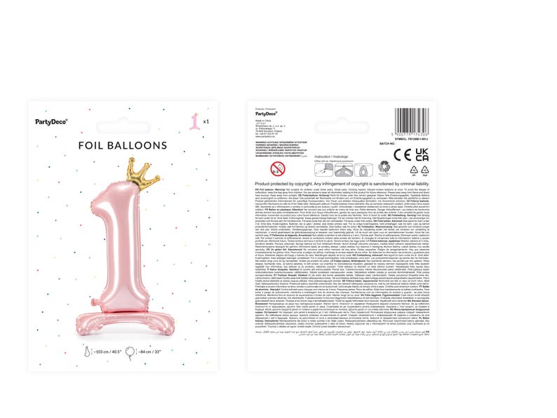 May include: Pink foil balloon shaped like the number one with a gold crown on top. The balloon is 36 inches tall. Foil Balloons.