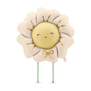 Cute flower-shaped foil balloon with smiling sun face, pastel cream petals, gold accents, and green ribbon legs – perfect for baby showers, birthdays, or spring party decor
