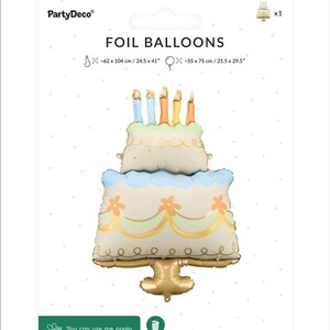 May include: A gold foil balloon shaped like a cake with blue and white frosting and colourful candles. The balloon is 62 cm by 104 cm.