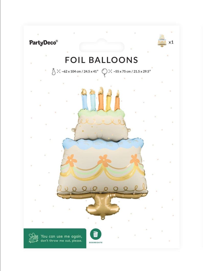 May include: A gold foil balloon shaped like a cake with blue and white frosting and colourful candles. The balloon is 62 cm by 104 cm.