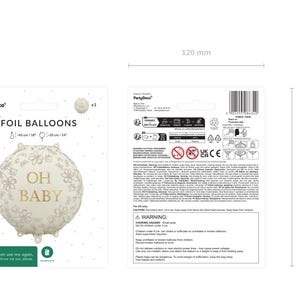 Puede incluir: Globo de papel de aluminio crema con texto dorado "OH BABY" y dise&ntilde;os florales. El globo mide 45 cm de di&aacute;metro. El embalaje mide 120 mm de ancho y 155 mm de alto.