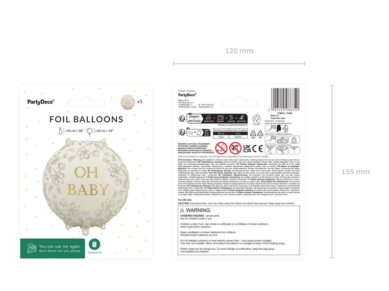 Puede incluir: Globo de papel de aluminio crema con texto dorado "OH BABY" y dise&ntilde;os florales. El globo mide 45 cm de di&aacute;metro. El embalaje mide 120 mm de ancho y 155 mm de alto.