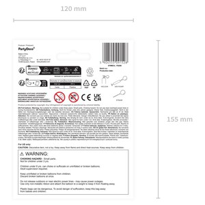 May include: A product package with dimensions of 120 mm x 155 mm. The package includes recycling symbols, safety warnings, and text in multiple languages. The package also features a barcode and the PartyDeco logo.