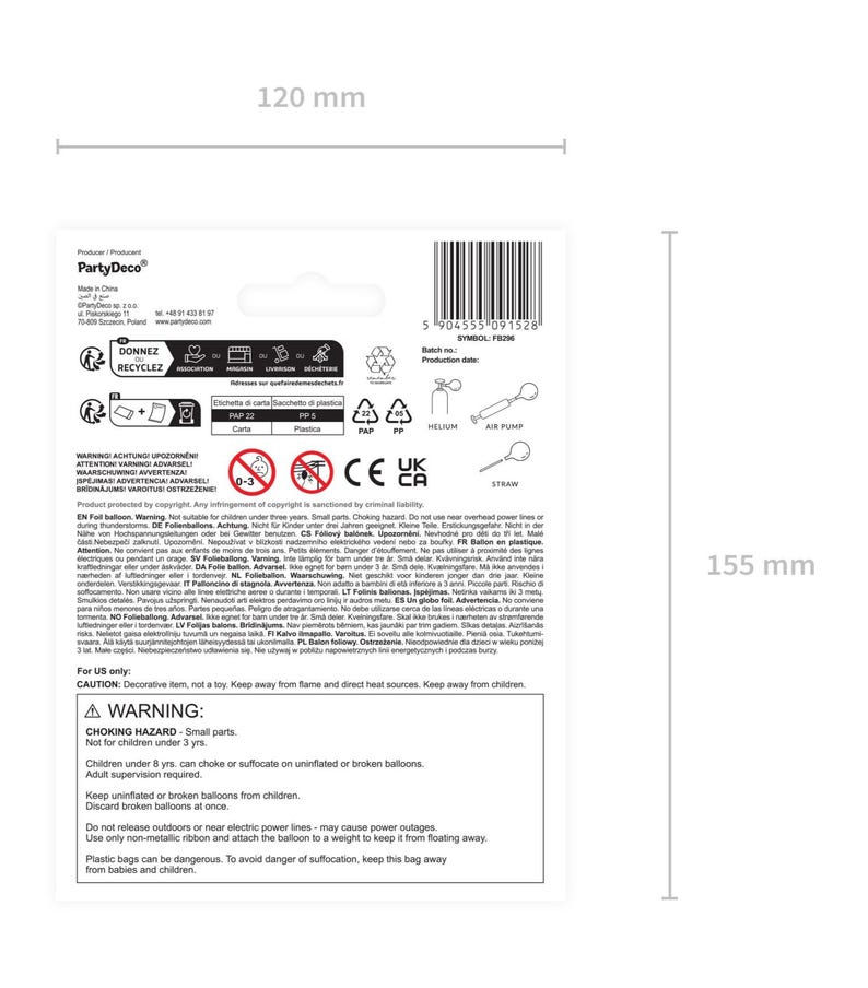 May include: A product package with dimensions of 120 mm x 155 mm. The package includes recycling symbols, safety warnings, and text in multiple languages. The package also features a barcode and the PartyDeco logo.