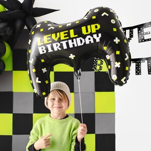 Large game controller balloon with Level Up Birthday design, fun gamer birthday party decoration for kids