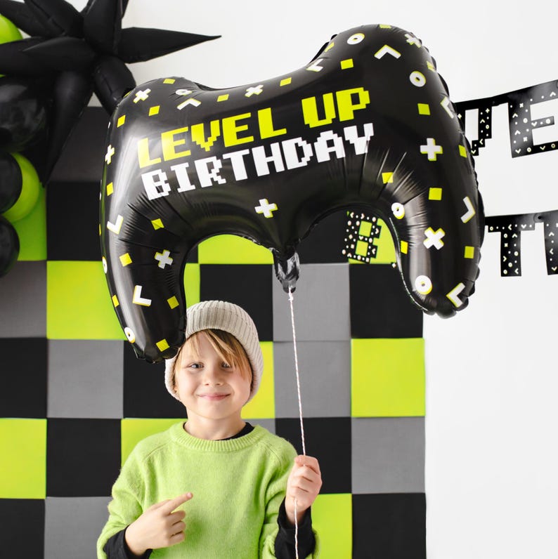 Large game controller balloon with Level Up Birthday design, fun gamer birthday party decoration for kids
