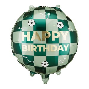 May include: A round, green and white checkered balloon with the words "HAPPY BIRTHDAY" in gold. The balloon has soccer ball graphics and play diagrams. A festive decoration for a birthday celebration.