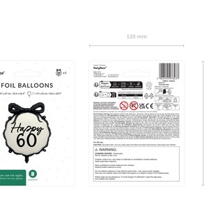 May include: A white and black foil balloon with the text "Happy 60" in black lettering. The balloon is 47 cm x 52 cm or 18.5 inches x 20.5 inches.