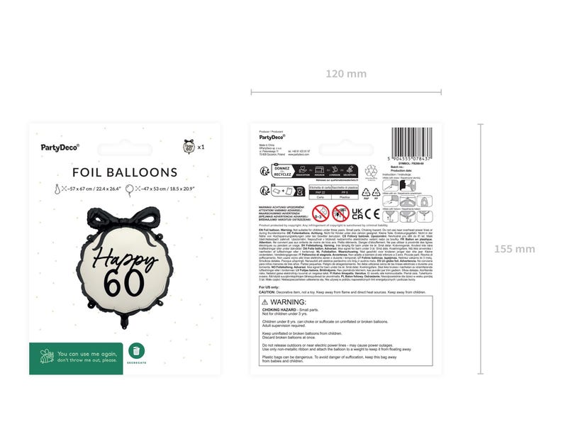 May include: A white and black foil balloon with the text "Happy 60" in black lettering. The balloon is 47 cm x 52 cm or 18.5 inches x 20.5 inches.