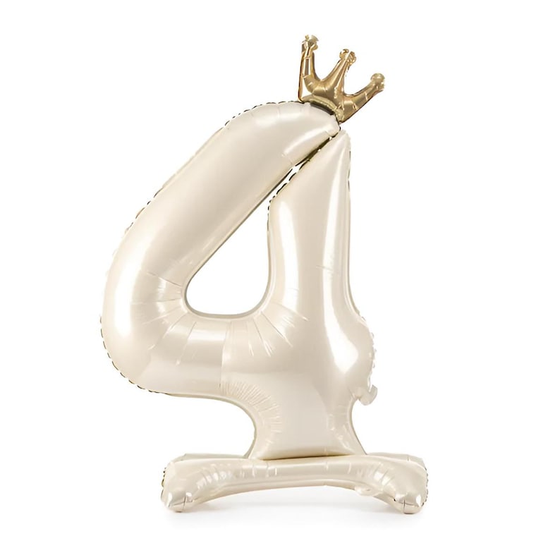 May include: A white number four balloon with a gold crown on top. The balloon is inflated and ready to be used for a party or celebration.