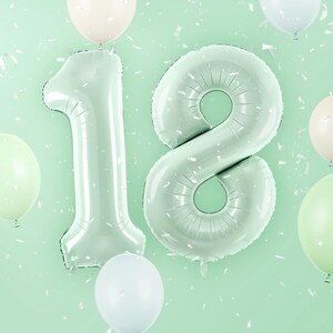 Pu&ograve; includere: Due grandi palloncini numerati in lamina di colore verde chiaro che compongono il numero "18" su uno sfondo verde chiaro con coriandoli.