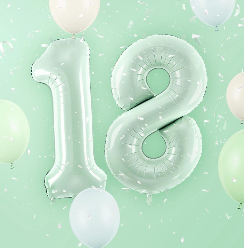Pu&ograve; includere: Due grandi palloncini numerati in lamina di colore verde chiaro che compongono il numero "18" su uno sfondo verde chiaro con coriandoli.