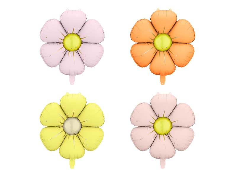Set of four pastel flower-shaped foil balloons in pink, orange, yellow, and beige colors, ideal for spring parties, garden-themed events, baby showers, and wedding decorations
