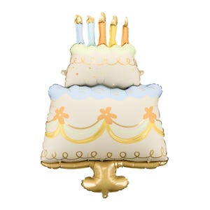 May include: A large, three-tiered cake balloon with pastel blue and yellow frosting and gold accents. The cake has five candles on top, each with a different colour.