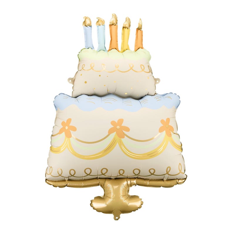 May include: A large, three-tiered cake balloon with pastel blue and yellow frosting and gold accents. The cake has five candles on top, each with a different colour.