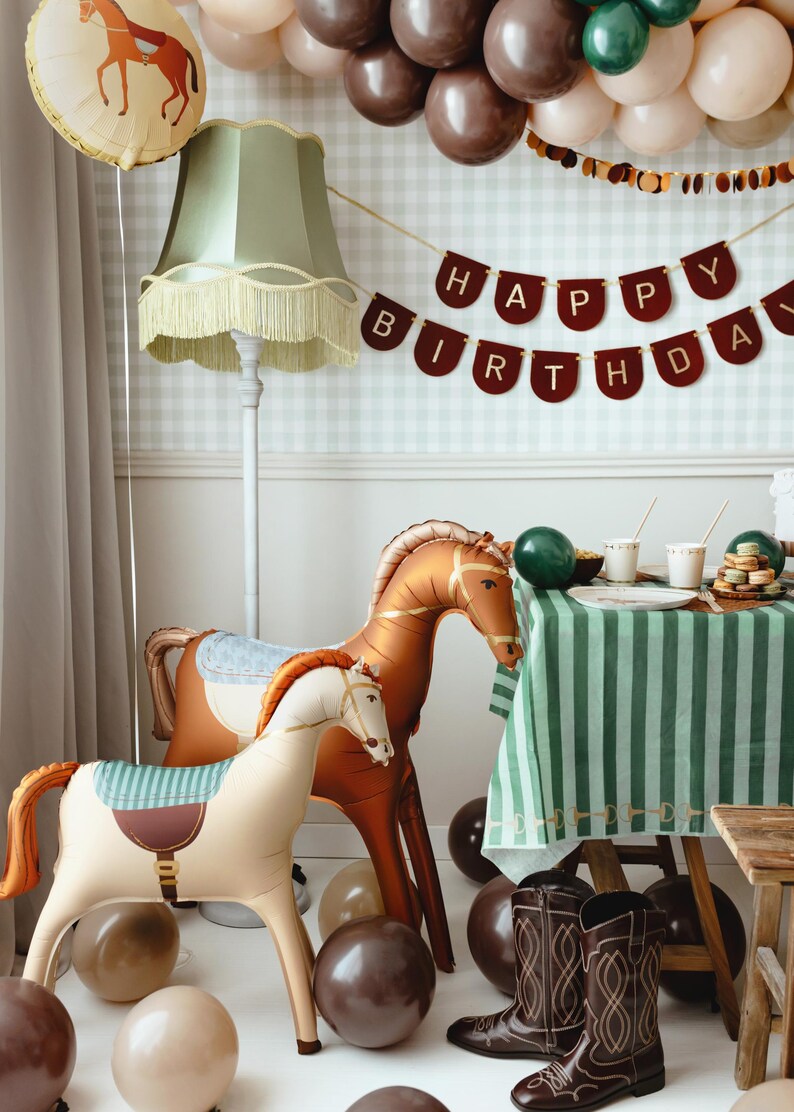 Large horse foil balloon as a centerpiece for western birthday decorations and farm themed celebrations