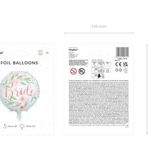 May include: A foil balloon with a floral wreath design and the word "Bride" in a script font. The balloon is approximately 18 inches (45 cm) in diameter. The packaging includes a back panel with product information.