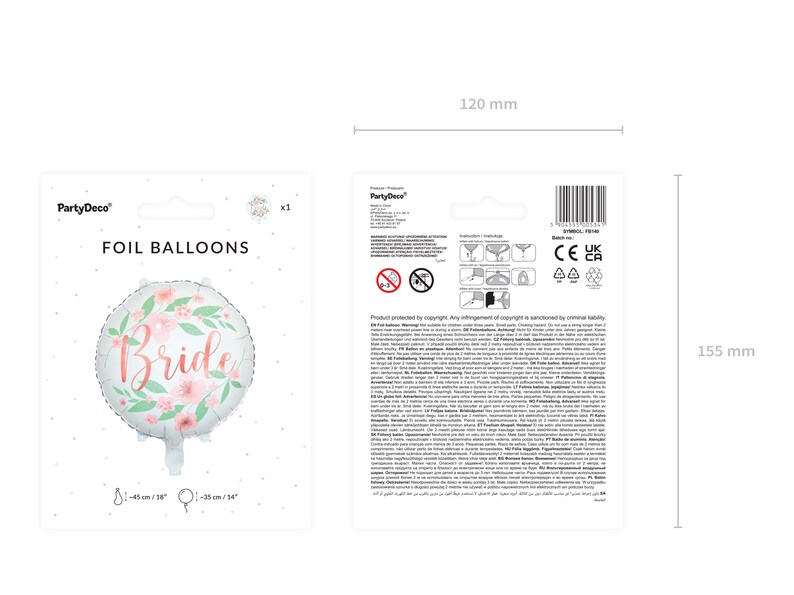 May include: A foil balloon with a floral wreath design and the word "Bride" in a script font. The balloon is approximately 18 inches (45 cm) in diameter. The packaging includes a back panel with product information.