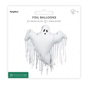 PartyDeco white ghost foil balloon with tassels shown in retail packaging