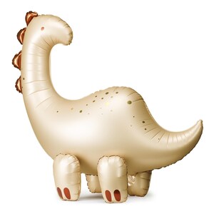 Cream-colored dinosaur-shaped brontosaurus foil balloon with metallic gold accents and copper spikes along its back, standing upright with rounded legs and a curved tail.