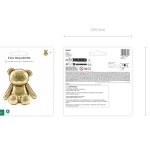 May include: A gold foil balloon in the shape of a teddy bear, with the text "FOIL BALLOONS" on the packaging. The balloon measures approximately 7.9 inches by 11.8 inches (20 cm x 30 cm).