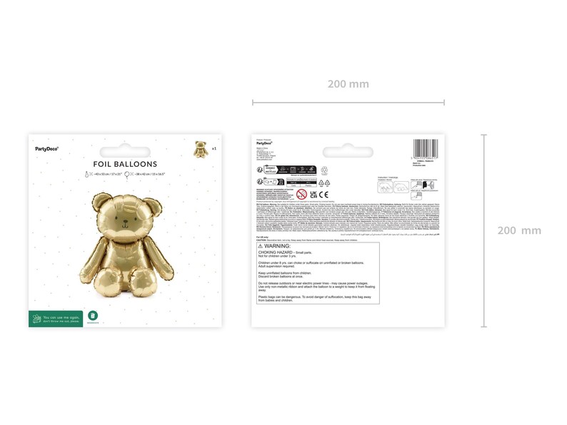 May include: A gold foil balloon in the shape of a teddy bear, with the text "FOIL BALLOONS" on the packaging. The balloon measures approximately 7.9 inches by 11.8 inches (20 cm x 30 cm).