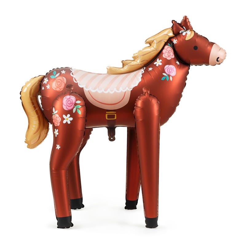 Floral horse foil balloon for birthday party decorations – large standing inflatable horse balloon with flowers and saddle design, perfect for cowgirl, farm, or western themed events.