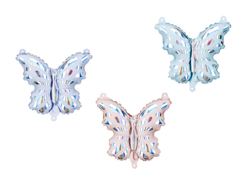 May include: Three iridescent butterfly shaped foil balloons. One balloon is light blue, one is pink, and one is a darker blue.