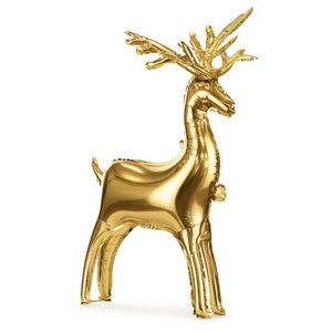 Shiny gold reindeer-shaped foil balloon standing upright, featuring detailed antlers and a festive, elegant design for Christmas or holiday party decorations