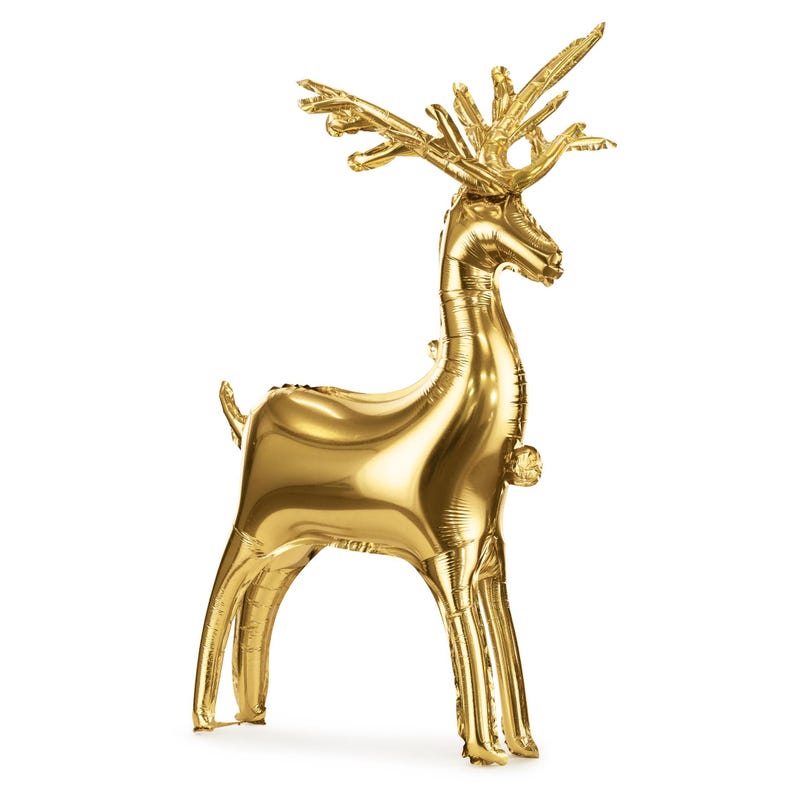 Shiny gold reindeer-shaped foil balloon standing upright, featuring detailed antlers and a festive, elegant design for Christmas or holiday party decorations