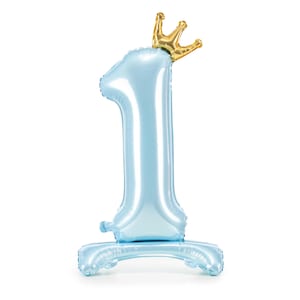 Blue number 1 foil balloon with gold crown – first birthday party decoration for baby boy or royal prince theme