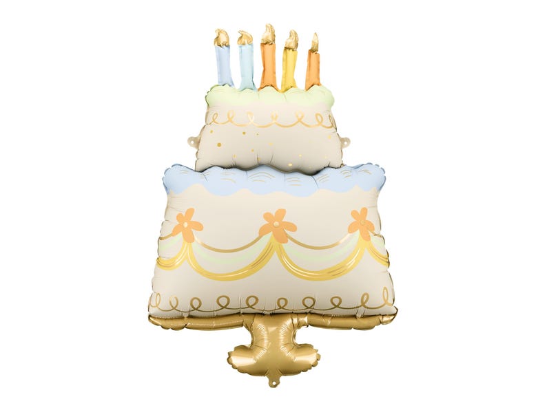 Large foil birthday cake balloon with candles – two-tier pastel cake design featuring gold, blue, and orange accents, floral and swirl decorations, perfect for birthday party decor or cake-themed celebration