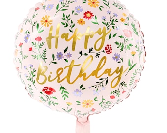 Globo de aluminio con texto "Feliz Cumpleaños" y flores: Inscripción dorada (14")