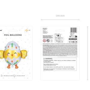 Op de afbeelding: Folieballon in de vorm van een geel en wit kuiken met bloemmotieven. De ballon is 20,5 cm x 15,5 cm groot. De verpakking bevat een waarschuwing over verstikkingsgevaar.