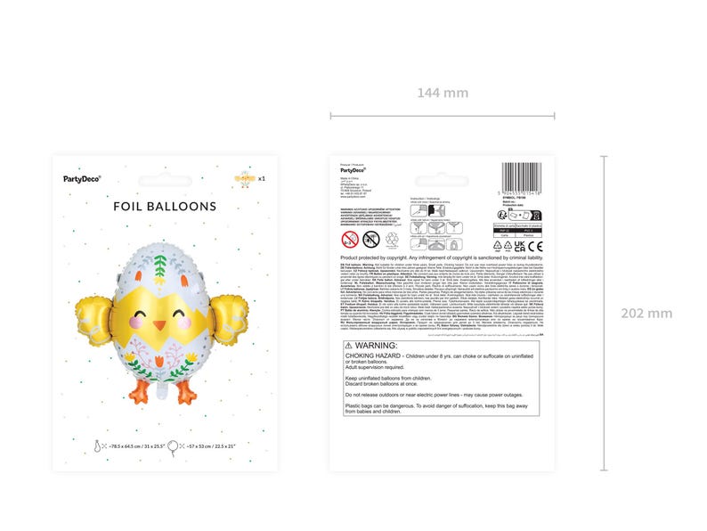 Op de afbeelding: Folieballon in de vorm van een geel en wit kuiken met bloemmotieven. De ballon is 20,5 cm x 15,5 cm groot. De verpakking bevat een waarschuwing over verstikkingsgevaar.