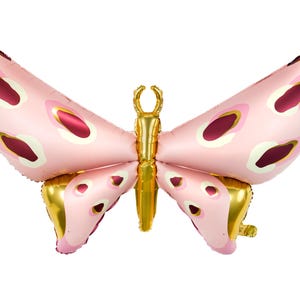 Pink and gold butterfly-shaped foil balloon with patterned wings, perfect for birthday parties, baby showers, or whimsical event decor.