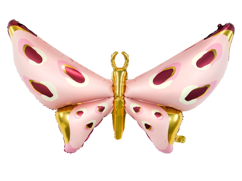 Pink and gold butterfly-shaped foil balloon with patterned wings, perfect for birthday parties, baby showers, or whimsical event decor.