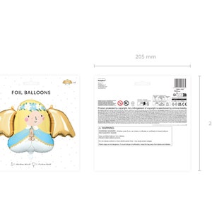 Front and back view of packaging for a foil angel balloon by PartyDeco. The front shows the colorful balloon design with a smiling angel, golden wings, and a blue dress, labeled "Foil Balloons" with product dimensions. The back includes safety warnings, product information, and usage instructions. Packaging size is shown as 205 mm wide and 200 mm tall.