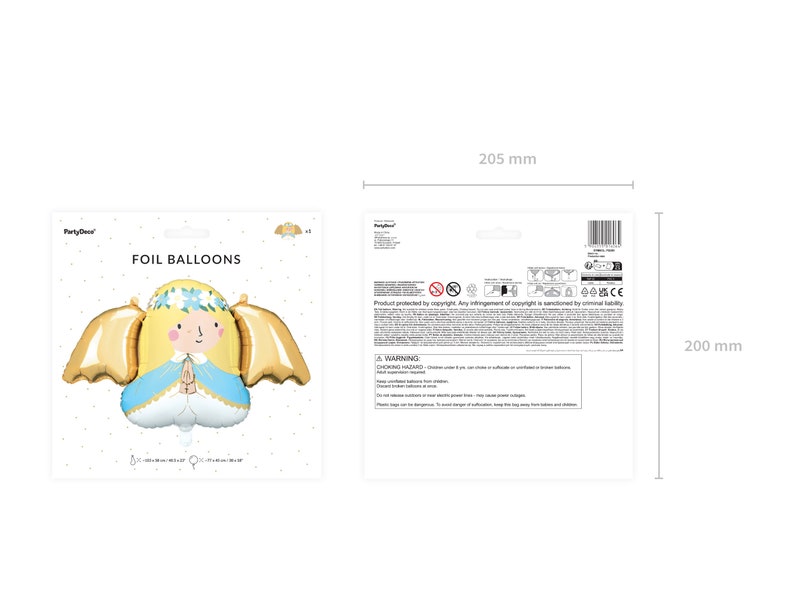 Front and back view of packaging for a foil angel balloon by PartyDeco. The front shows the colorful balloon design with a smiling angel, golden wings, and a blue dress, labeled "Foil Balloons" with product dimensions. The back includes safety warnings, product information, and usage instructions. Packaging size is shown as 205 mm wide and 200 mm tall.
