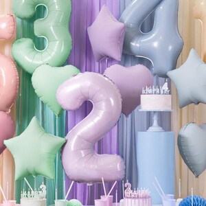May include: Pastel colored balloon numbers 2, 3, and 4, a star, and hearts, with a cake that says "Happy Birthday" in front of a backdrop of pastel colored streamers.