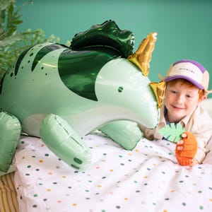 Puede incluir: Un ni&ntilde;o con una gorra de b&eacute;isbol blanca y morada con la palabra "MiniMe" est&aacute; sosteniendo un globo de dinosaurio verde y dorado. El ni&ntilde;o sonr&iacute;e y mira a la c&aacute;mara. El globo est&aacute; sobre una manta de lunares blancos y verdes.