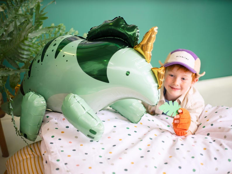 Puede incluir: Un ni&ntilde;o con una gorra de b&eacute;isbol blanca y morada con la palabra "MiniMe" est&aacute; sosteniendo un globo de dinosaurio verde y dorado. El ni&ntilde;o sonr&iacute;e y mira a la c&aacute;mara. El globo est&aacute; sobre una manta de lunares blancos y verdes.