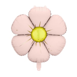 May include: A large, light pink flower-shaped balloon with six petals. The center is yellow with gold accents, and the petals have a slight sheen. The balloon is designed for party decorations.
