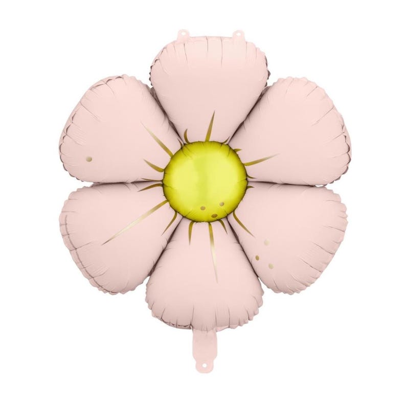 May include: A large, light pink flower-shaped balloon with six petals. The center is yellow with gold accents, and the petals have a slight sheen. The balloon is designed for party decorations.
